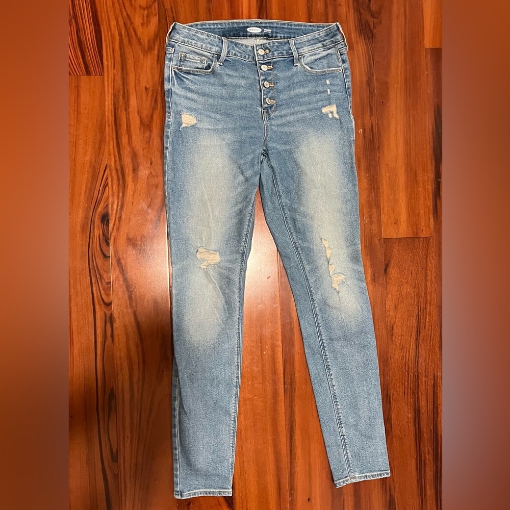 Old Navy Rockstar Blue Button closure Distressed Skinny Pants Jeans Size 10 Tall